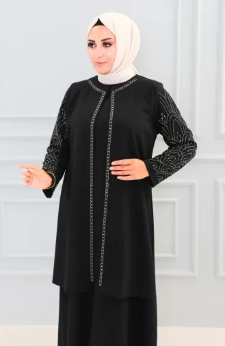 Abaya Imprimé Pierre Grande Taille 6100-09 Noir 6100-09