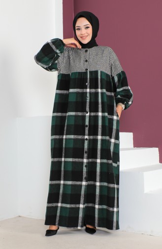 Geruite Wollen Abaya 23K8837-01 Zwart Smaragdgroen 23K8837-01