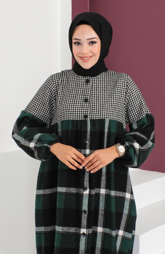 Geruite Wollen Abaya 23K8837-01 Zwart Smaragdgroen 23K8837-01