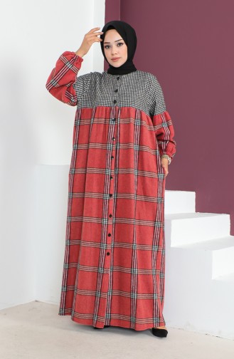 Geruite Wollen Abaya 23K8837-02 Zwart Bordeauxrood 23K8837-02