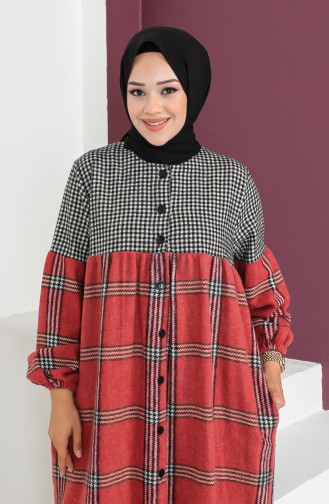 Abaya à Carreaux En Laine 23K8837-02 Noir Rouge Claret 23K8837-02