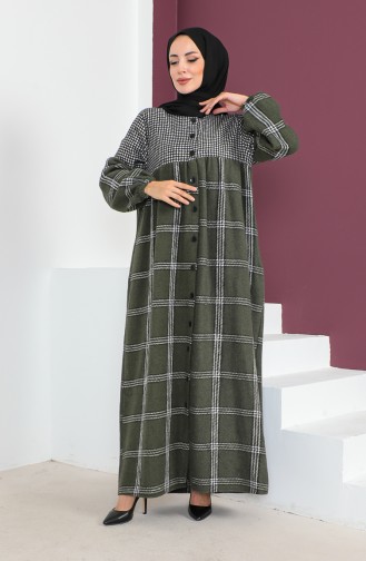 Abaya En Laine à Carreaux 23K8837-03 Noir Kaki 23K8837-03