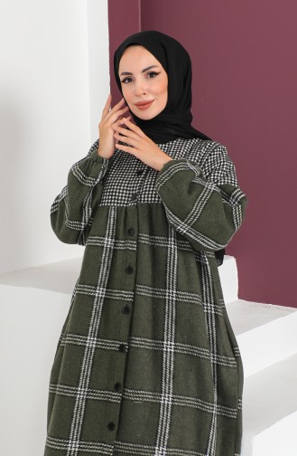 Karierte Abaya Aus Wolle 23K8837-03 Schwarz Khaki 23K8837-03