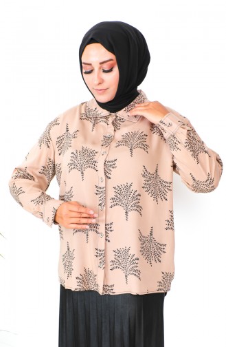 Plus  Size Patterned Viscose Shirt 1106-03 Milky Coffee 1106-03