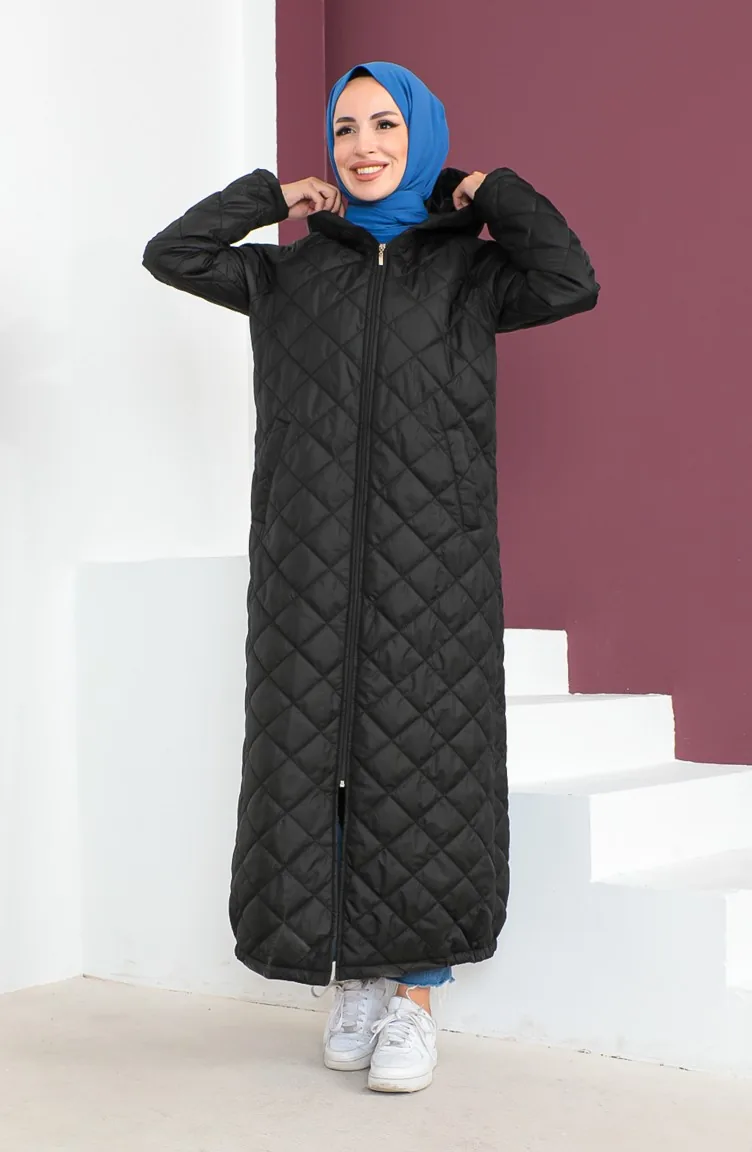 Vivezza Abaya Matelassé A Fermeture Et A Capuche 6988-01 Noir 6988-01