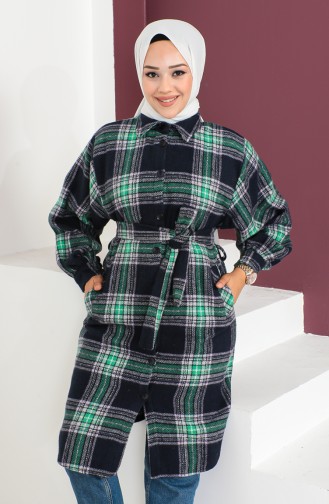 Plaid Patterned Belted Coat 23K8772-01 Navy Blue Green 23K8772-01