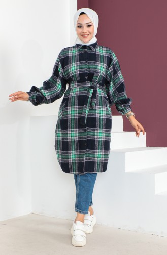 Plaid Patterned Belted Coat 23K8772-01 Navy Blue Green 23K8772-01