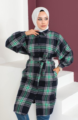 Plaid Patterned Belted Coat 23K8772-01 Navy Blue Green 23K8772-01