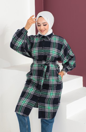 Plaid Patterned Belted Coat 23K8772-01 Navy Blue Green 23K8772-01