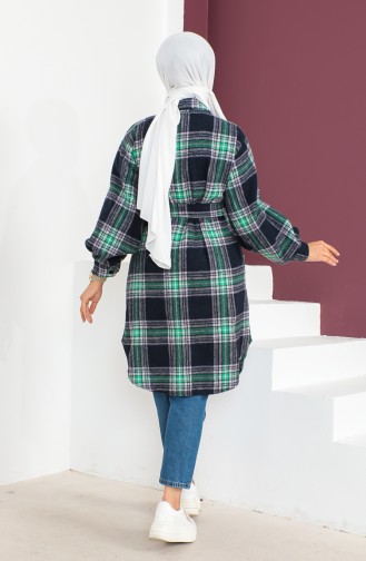 Plaid Patterned Belted Coat 23K8772-01 Navy Blue Green 23K8772-01