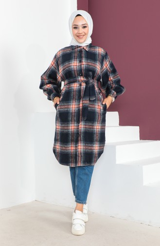 Checked Patterned Belted Coat 23K8772-02 Navy Blue Orange 23K8772-02