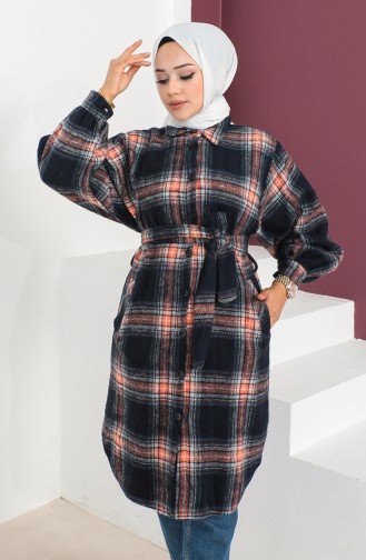 Checked Patterned Belted Coat 23K8772-02 Navy Blue Orange 23K8772-02