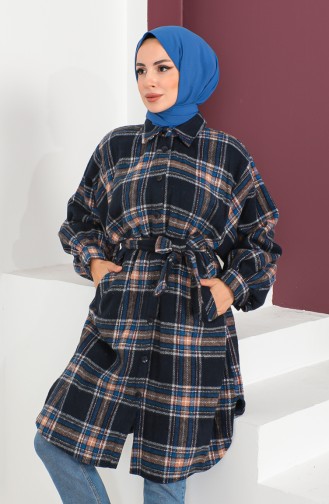 Plaid Patterned Belted Coat 23K8772-03 Navy Blue 23K8772-03