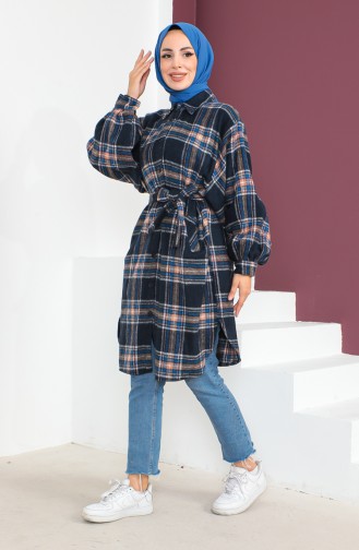 Plaid Patterned Belted Coat 23K8772-03 Navy Blue 23K8772-03