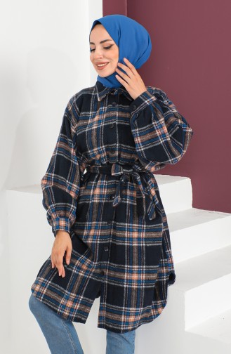 Plaid Patterned Belted Coat 23K8772-03 Navy Blue 23K8772-03