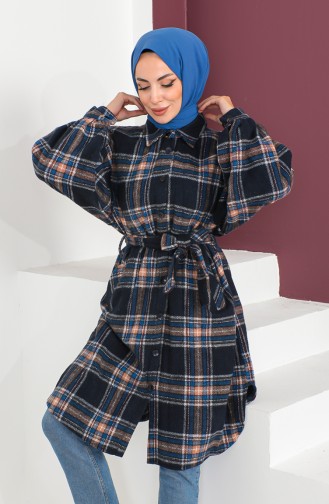 Plaid Patterned Belted Coat 23K8772-03 Navy Blue 23K8772-03