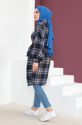 Plaid Patterned Belted Coat 23K8772-03 Navy Blue 23K8772-03