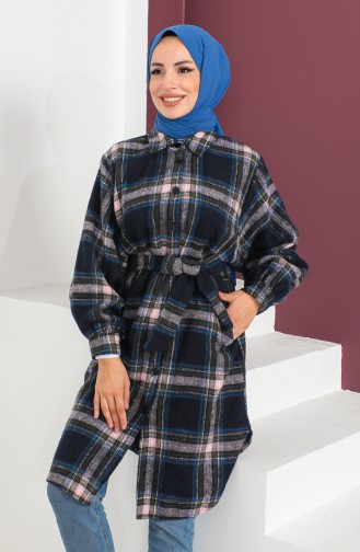 Plaid Patterned Belted Coat 23K8772-04 Navy Blue Powder 23K8772-04