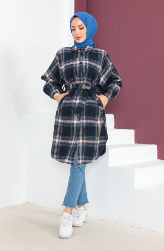 Plaid Patterned Belted Coat 23K8772-04 Navy Blue Powder 23K8772-04