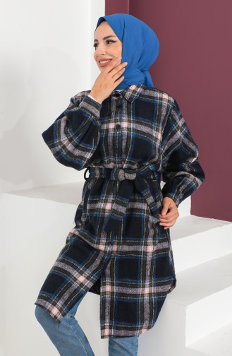 Plaid Patterned Belted Coat 23K8772-04 Navy Blue Powder 23K8772-04