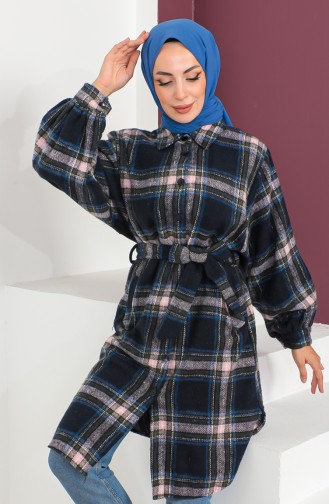 Plaid Patterned Belted Coat 23K8772-04 Navy Blue Powder 23K8772-04