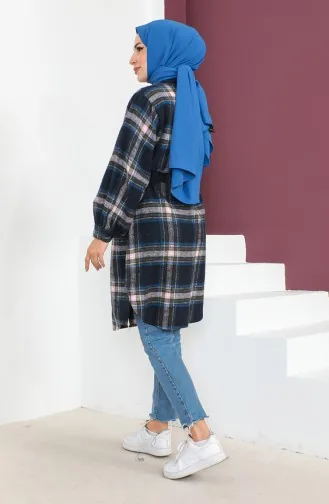 Plaid Patterned Belted Coat 23K8772-04 Navy Blue Powder 23K8772-04
