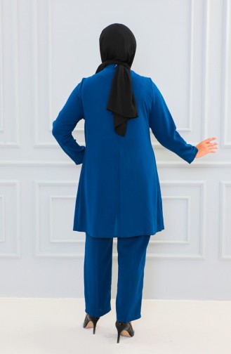 Plus Size Stone Printed Evening Dress Suit 6105-06 İndigo 6105-06