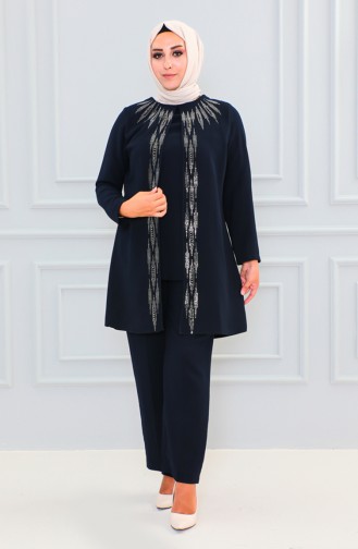 Plus Size Stone Printed Evening Dress Suit 6105-07 Navy Blue 6105-07