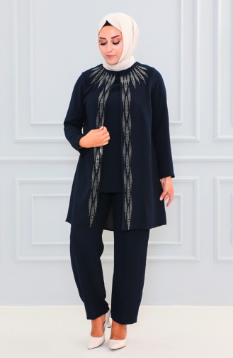 Plus Size Stone Printed Evening Dress Suit 6105-07 Navy Blue 6105-07