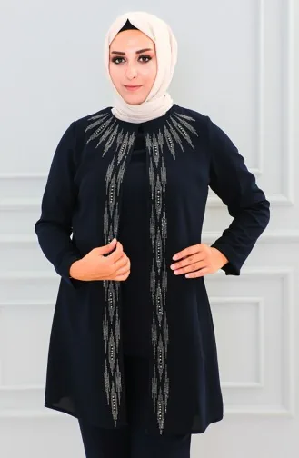 طقم فستان سهرة بتصميم مُطبع بأحجار لامعة وبمقاسات كبيرة 6105-07 لون كحلي 6105-07