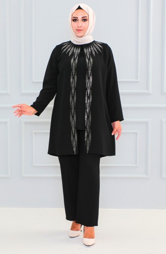 Plus Size Stone Printed Evening Dress Suit 6105-08 Black 6105-08