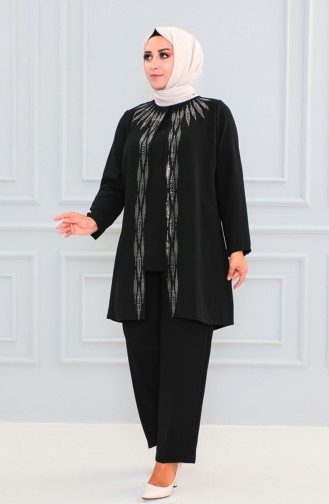 Plus Size Stone Printed Evening Dress Suit 6105-08 Black 6105-08