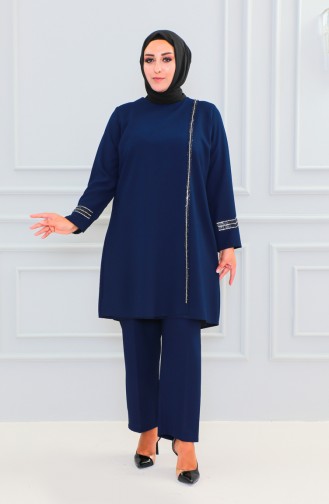 Plus Size Stone Evening Dress Suit 6130-01 Navy Blue 6130-01