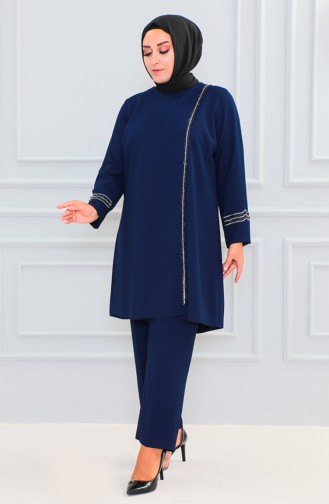 Plus Size Stone Evening Dress Suit 6130-01 Navy Blue 6130-01