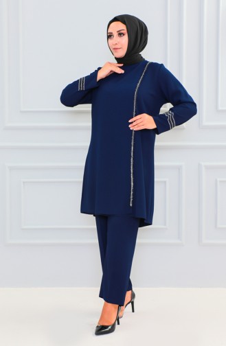 Plus Size Stone Evening Dress Suit 6130-01 Navy Blue 6130-01