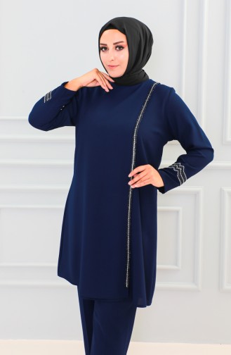 Plus Size Stone Evening Dress Suit 6130-01 Navy Blue 6130-01