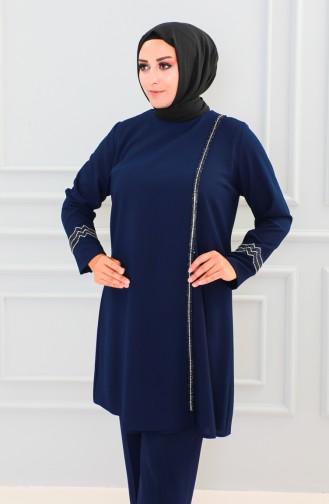 Plus Size Stone Evening Dress Suit 6130-01 Navy Blue 6130-01