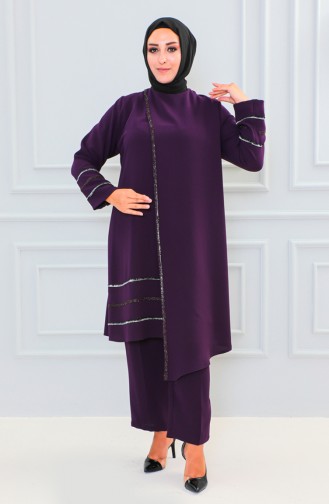 Plus Size Stone Tunic Trousers Two Piece Suit 6131-01 Purple 6131-01