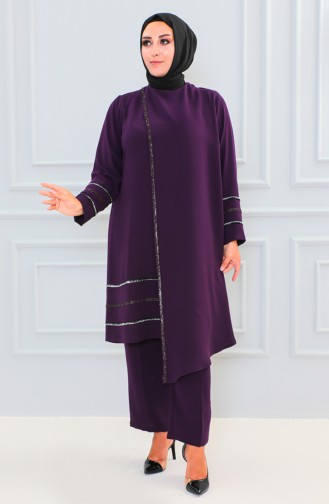 Plus Size Stone Tunic Trousers Two Piece Suit 6131-01 Purple 6131-01