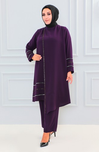 Plus Size Stone Tunic Trousers Two Piece Suit 6131-01 Purple 6131-01