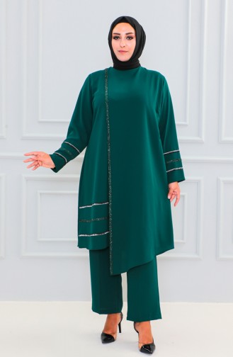Büyük Beden Taşlı Tunik Pantolon İkili Takım 6131-02 Zümrüt Yeşili