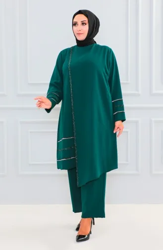 طقم ثنائي تونيك بتصميم حجر بنطلون مقاس كبير 6131-02 أخضر زمردي 6131-02