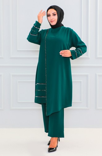Büyük Beden Taşlı Tunik Pantolon İkili Takım 6131-02 Zümrüt Yeşili