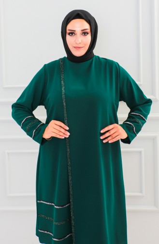 Büyük Beden Taşlı Tunik Pantolon İkili Takım 6131-02 Zümrüt Yeşili