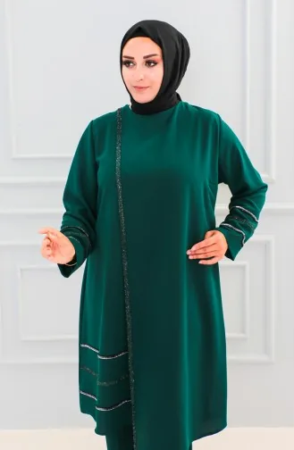 طقم ثنائي تونيك بتصميم حجر بنطلون مقاس كبير 6131-02 أخضر زمردي 6131-02
