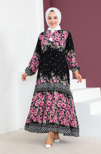 Plus Size Patterned Viscose Dress 1907-02 Navy Blue 1907-02