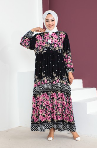 Plus Size Patterned Viscose Dress 1907-02 Navy Blue 1907-02