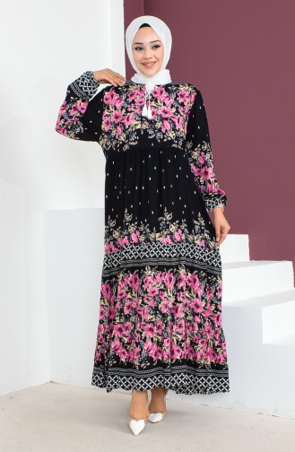 Plus Size Patterned Viscose Dress 1907-02 Navy Blue 1907-02