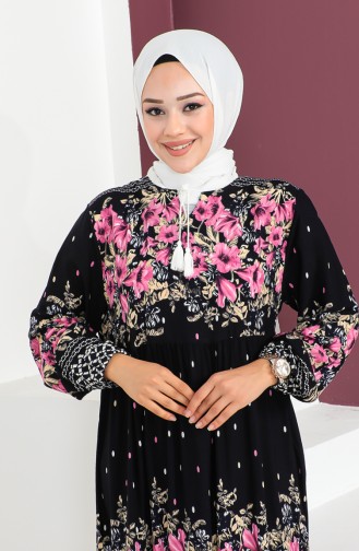 Plus Size Patterned Viscose Dress 1907-02 Navy Blue 1907-02