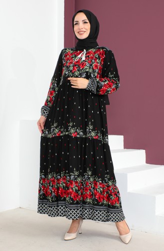 Plus Size Patterned Viscose Dress 1907-04 Black 1907-04